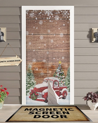 Christmas Red Truck Snow Scenery Magnetic Screen Door 38x83inch Door Curtain Light Filgtering Hands Free Mesh Curtain for Home Kitchen Yard Patio Sidelight Door - Rustic Wooden Planks
