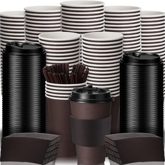 150 Pack Paper Coffee Cups Disposable Paper Party Cups Bulk To Go Hot/ Cold Beverage Drinking Cups with Lids, Sleeves, Straws Paper Cups Bundle for Party Travel Home Restaurant Cafe (Brown, 16 oz)