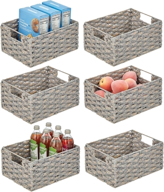 Hyacinth Braided Woven Kitchen Basket Bin with Built-in Handles for Organizing Kitchen Pantry, Cabinet, Cupboard, Countertop, Shelves - Holds Food, Drinks, Snacks - 6 Pack - Gray Wash