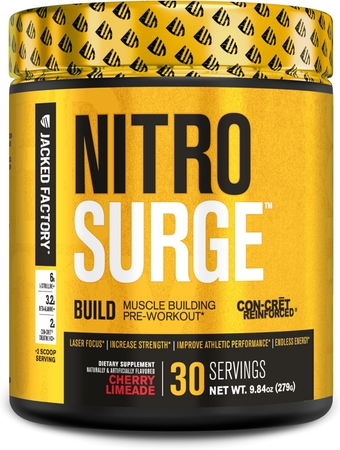 Nitrosurge Build Pre Workout with Creatine for Muscle Building - Con Cret Powder & elevATP Intense Energy, Powerful Pumps, Endless Endurance 30 Servings, Cherry Limeade