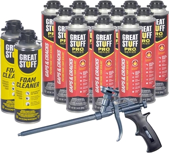 Gaps and Cracks - 24oz Fireblock Foam Insulation Sealant, Pack of 12. Closed Cell, Polyurethane Expanding Spray Foam. Seals & Insulates Gaps Up to 3". Applicator Gun, Cleaner Included