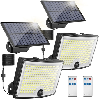 Solar Outdoor Lights, 202 LED Motion Sensor Outdoor Lights Solar Flood Lights with Separate Solar Panel Waterproof 16.4Ft Cable 3 Modes Solar Security Spot Lights for Outside, Garage, 2 Pack