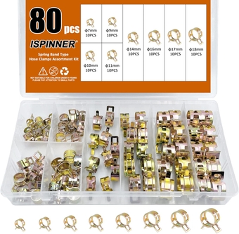 80pcs Spring Band Type Fuel/Silicone Vacuum Hose Pipe Clamp, 7mm-18mm Low Pressure Air Clip Clamp 7mm 9mm 10mm 11mm 14mm 16mm 17mm 18mm (Golden)