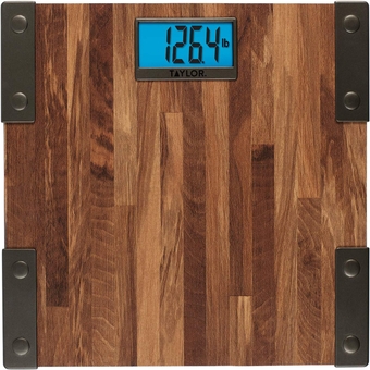 Digital Scales for Body Weight, Extra High Accurate 440 LB Capacity, Unique Blue LCD, Farmhouse Look, Auto On and OffScale, 12.4 x 12.4 Inches, Brown