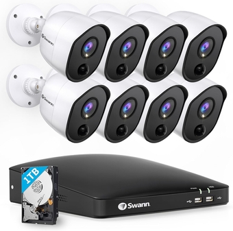 DVR Home Security Camera System With 1TB HDD, 8 Channel 8 Bullet Cameras, 1080p HD Wired Surveillance, Indoor/Outdoor, CCTV, Night Vision, Heat & Motion Sensing, Alexa + Google, SWDVK-845808V