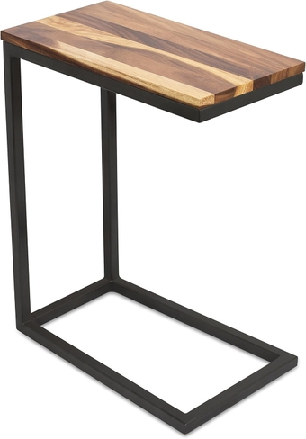 Acacia Wood TV Tray C Shaped Side Table - End Table - Industrial Design - Fully Assembled - Natural Bed Sofa Snack End Table - Living Room Chair C Shaped Table - Narrow Wooden Top
