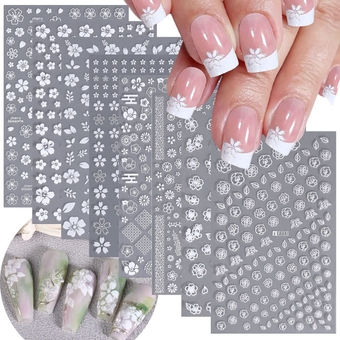 8 Sheets White Flower Nail Art Stickers Decals 3D Floral Nail Decals Self Adhesive Nail Art Supplies Cute Cherry Blossoms Leaves Daisy Flowers Nail Stickers for Women Girls DIY Manicure Decorations