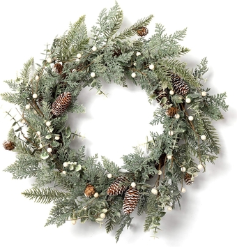 Artificial Christmas Wreath, 24" Pine Cone Grapevine Flocked Glitter Fir Wreath with White Berries for Christmas Home Front Door Hanging Wall Window Decor