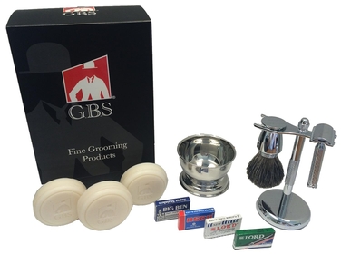Stylish Shaving Kit- For Men’s Beard Traditional 42C Safety Razor, Badger Shaving Brush, Stainless Brush & Razor Stand, Chrome Bowl, 3 Pack of Natural Shaving Soaps + 25 DE Razor Blades