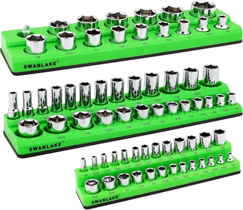 SWANLAKE Magnetic Socket Organizer Set, 3-Piece SAE Socket Holder Set Includes 1/4", 3/8", 1/2" Socket Trays