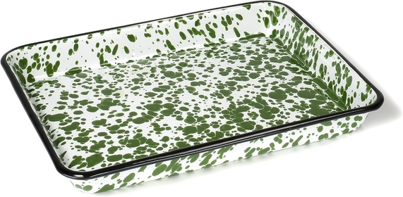 11" x 9" Enamelware Metal Classic 2 Quart Rectangular Serving Tray, Dark Green Marble/Black Rim - Splatter Design