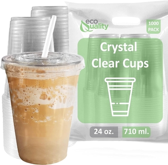 Extra Large Clear Plastic Disposable Cups with Lids & Straws 1000 count - 24 oz (ounces) Clear PET Cup for Cold Smoothie, Iced Coffee, Boba, Bubble Tea, Protein Shakes, Cold Drinks, 100% Recyclable