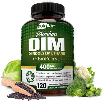DIM Supplement 400mg with Bioperine, 120 Capsules - Diindolylmethane - Estrogen Metabolism Support & Hormone Balance, Menopause, PCOS, Acne and Skin Care for Men & Women - Compare to 300mg