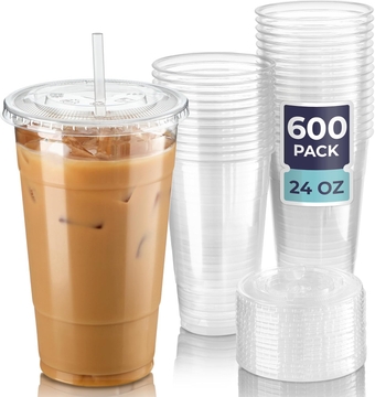 50 Pack 24 oz Clear Plastic Cups with Flat Lids, Disposable Iced Coffee Cups, BPA Free Premium Crystal Smoothie Cup for Party, Lemonade Stand, Cold Drinks, Juice, Milkshake