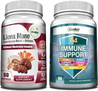 Powerful Mushroom Complex 10-in-1 (Cordyceps, Shiitake, Chaga, Turkey Tail) Plus Our 7 in 1 Supplement with Vitamin C, Vitamin D3, Zinc and Ginger