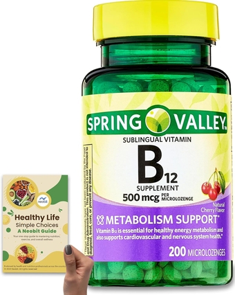 Spring Valley Vitamin B12 Microlozenges, 500 mcg, 200 Count, Cherry-Flavored Energy & Metabolism Support, Gluten-Free - Bundle with 'Healthy Life, Simple Choices: Guide' (2 Items)