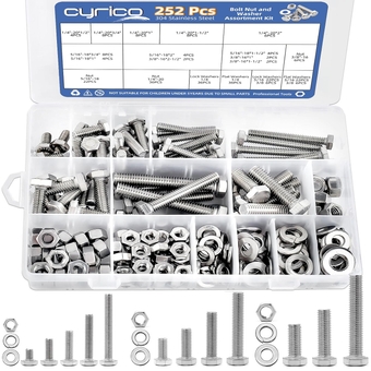 252 Pcs Nuts and Bolts Assortment Kit, 304 Stainless Steel Hex Bolts and Nuts Washers Kit, 12 Size 1/4-20 5/16-18 3/8-16 Cyrico Machine Screw Set Full Thread with Storage Case