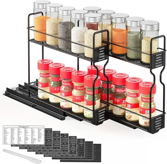Pull Out Spice Rack Organizer for Cabinet, Heavy Duty Slide Out Seasoning Kitchen Organizer, Cabinet Organizer, with Labels and Chalk Marker, 5.2" W x10.75 D x10 H, 2 Drawers 2-Tier