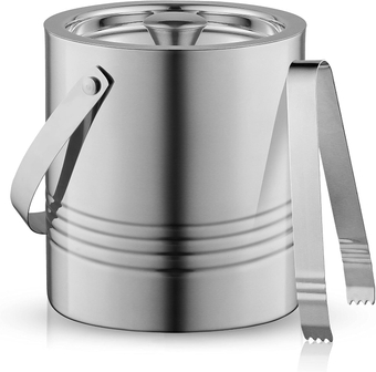 Metal Double Wall Ice Bucket with Lid, Ice Tongs and Strainer. 3L Insulated Ice Bucket for Cocktail Bar, Wine, Home Bar Accessories, Parties, Champagne Bucket. Stainless Steel Ice Buckets