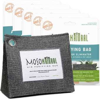 Moso Natural Air Purifying Bag 600g (5 Pack). A Premium Scent Free Bamboo Charcoal Odor Absorber. Kitchen, Bedroom, Basement, Large Room. Luxury Stand Up Design. Two Year Lifespan.