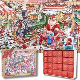 Advent Calendar 2023 Christmas Jigsaw Puzzles for Kids Adults, 24 Days 1008 Pieces Christmas Countdown Puzzles, Santa Train Puzzles, Great Idea Home Decoration