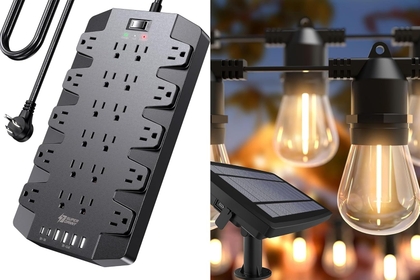 Power Strip,  Surge Protector with 22 Outlets, 2 USB-C and 4 USB-A, 2100J, 6.5Ft Flat Plug Heavy Duty Extension Cord, 50FT Solar Powered Outdoor String Lights