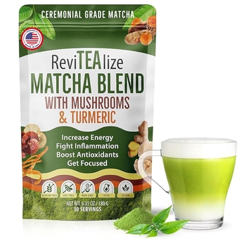ReviTEAlize Organic Matcha Mushroom Powder - Organic Ceremonial Grade Matcha Powder Blend Mushroom Coffee Alternative - Mushroom Matcha Latte Powder (30 Servings)