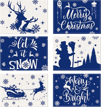 Blue Christmas Placemats Set of 6, Winter Snowflake Snowman Xmas Christmas Decorations for Table Kitchen Dining, Holiday Place Mats Set, Farmhouse Washable Blue Christmas Indoor Decor Table Mats