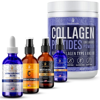 Anti-Aging Skin Full Bundle - Hyaluronic Acid Serum for Face 2Oz - Niacinamide Facial Serum 2Oz - Vitamin C Serum 2Oz - Retinol Face Serum 2Oz - Collagen Peptides Powder for Women 1Lb