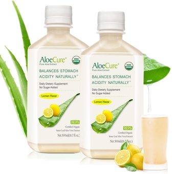 USDA Organic Aloe Vera Juice Lemon Flavor - Made Within 12 Hours of Harvest - Natural Stomach Acid Buffer to Support Digestive Comfort, Immune System, and Balanced Stomach Acidity - 2x500ml