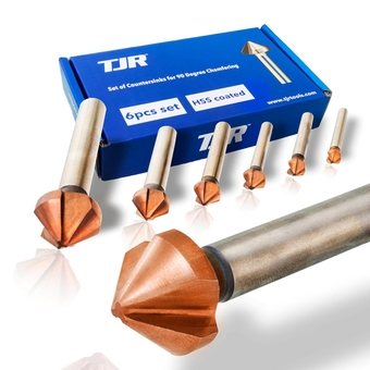 ® Countersink 90° Set of 6 Pieces 1/4", 1/3", 2/5", 1/2", 2/3", 4/5" HSS (4241) Coated, for chamfering. Tool Bits Set for Steel, Aluminum, Brass, Wood, Plastic (Coated in Carton Box)