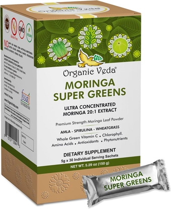 Moringa Powder Super Greens - 20 X Concentrated Moringa Leaf Extract with Amla, Wheatgrass, Spirulina, Chlorophyll for Tea, Cooking - Boosts Energy, Metabolism, Immunity - 5g X 30 Sachets