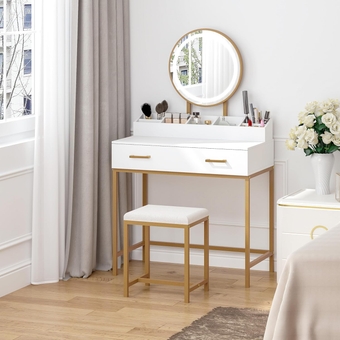 Makeup Vanity Desk with Mirror and Lights, Makeup Vanity Set with Drawers, Small Makeup Vanity Table, 3 Lighting Modes Dresser Desk and Cushioned Stool Set for Bedroom White and Gold