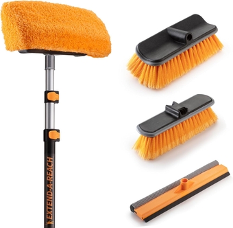 20 Foot Exterior House Cleaning Brush Set with 5-12 ft Extension Pole // Vinyl Siding Brushes with Telescopic Extendable Pole & Window Cleaning Squeegee Tool // The Ultimate Extension Scrub Brush Set
