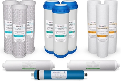 Replacement Filter Set for Standard 5 Stage Reverse Osmosis  filter System 50 GPD RO Membrane Filters - 12 Pack - 10 inch Standard Size  Filters