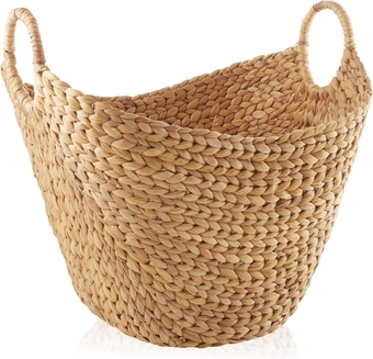 Large Laundry Boat Basket with Handles, Woven Water Hyacinth Multipurpose Storage Organizer for Throw Blankets, Bathroom, Bedroom, Living Room