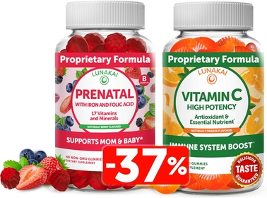 Prenatal Vitamins and Vitamin C Gummies Bundle - with Iron and Folic Acid, Chewable Multivitamin Gummy Without Corn Syrup 30 Day Supply - Organic VIT C Vegan Chewable Gummy Vitamins