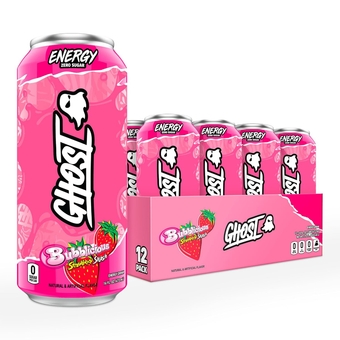 Energy Drink - 12-Pack, Bubblicious Strawberry Splash, 16oz Cans - Energy & Focus, No Artificial Colors - 200mg of Natural Caffeine, L-Carnitine & Taurine - Gluten-Free & Vegan