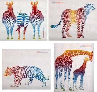 Mixed Colorful Animals Set of 4 Cloths (one of Each Design) Swedish Dishcloths | ECO Friendly Absorbent Cleaning Cloth | Reusable Cleaning Wipes