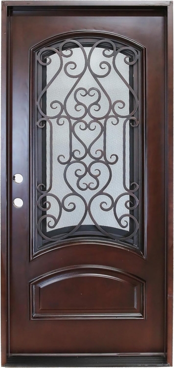 36" x 80" Environment Damage Resistant Polyurethane Composite Exterior Entry House Front Door, Wrought Iron Door w/Openable Rain Window, Right-Hand Double Door Inward Swing Dark Walnut