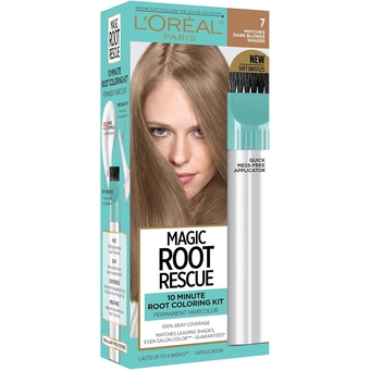L'Oreal  Magic Root Rescue 10 Minute Root Hair Coloring Kit, Permanent Hair Color with Quick Precision Applicator, 100 percent Gray Coverage, 7 Dark Blonde, 1 kit (Packaging May Vary)