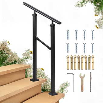 Handrails for Outdoor Steps,Outdoor Stair Railing Fits 1 to 2 Steps,Black Wrought Iron Handrail Kit(1-2 Step, Handrail)