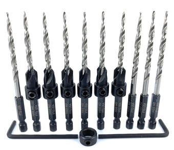 Countersink Drill Bit Set 6 Pc #8(11/64") Wood Countersink Drill Bit, Pro Pack Countersink Bit, 1 Extra Tapered Drill Bit, 1 Stop Collar, 1 Hex Wrench and 3 Replacement Bits 11/64"
