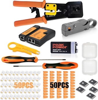 RJ45 Crimp Tool Kit Pass through Ethernet Crimper kit for Cat5 Cat5e Cat6,RJ45 Crimping Tool with 50PCS Connectors, 50PCS Covers,1 Wire Punch Down Cutter and 1 Network Cable Test(9V Battery Included)
