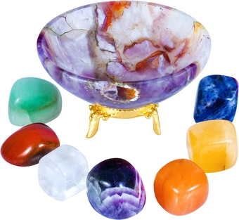 Amethyst Hand Carved Altar Crystal Bowl Tray Dish Home Decor for Chakra Balancing Energy Healing - Reiki Positive Energy Offering Bowl - w/ 7 Chakra Tumbled Natural Stones