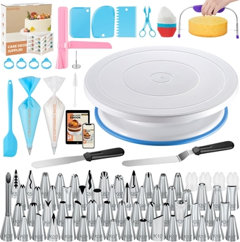 230PCs Cake Decorating Supplies Kits with Ebook, Cake Turntable, 100+2 Piping Bags, 50 Disposable Cupcake Liners, 58 Icing Piping Tips, 3 Icing Scrapers, 2 Spatulas, Cake Leveler for Baking