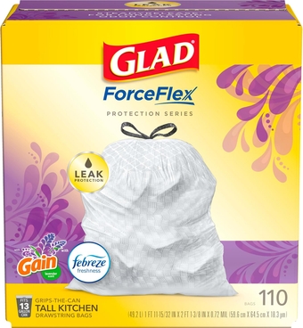 ForceFlex Tall Kitchen Drawstring Trash Bags, 13 Gallon Trash Bag, Gain Lavender with Febreze Freshness, 110 Count