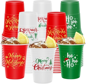 48Pcs Christmas Plastic Cups 16oz Merry Xmas Theme Red Green White Disposable Cups Decorative Holiday Party Cups for Hot Cold Drinks Coffee Juice Beer Candy Snacks