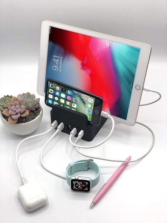 Power Hub Plus Charging Station - Charge Up to 7 Devices Using Only One Wall Outlet | Black Silicone Won't Scratch Device | Attractive Dependable Table Charging (4 Short Cords (USB-C), Black)