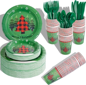 150PCS Christmas Tree Paper Plates,Green Christmas Disposable Party Plates Christmas Paper Dinnerware Set Include 25 Heavy Duty Dinner Paper Plates 25 Dessert Paper Plates 25 Cups 75 Cutlery